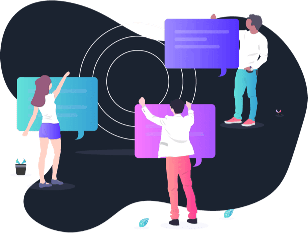 Colour graphic illustration with three people being productive